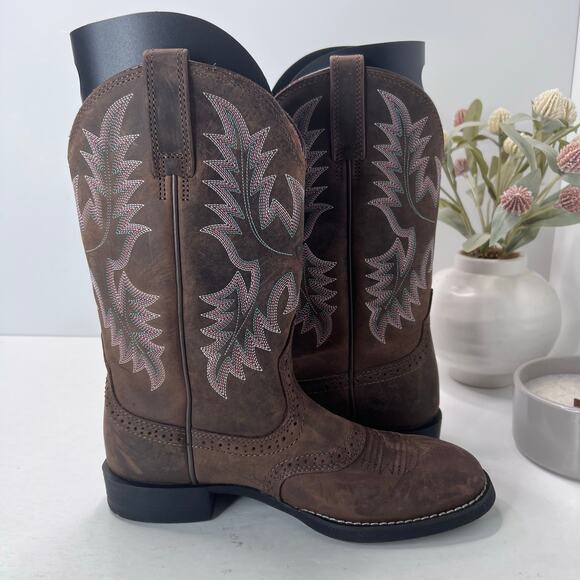 Ariat Heritage Stockman Western Boot Leather Embroider Brown Women 6.5B Tried On - Picture 5 of 8
